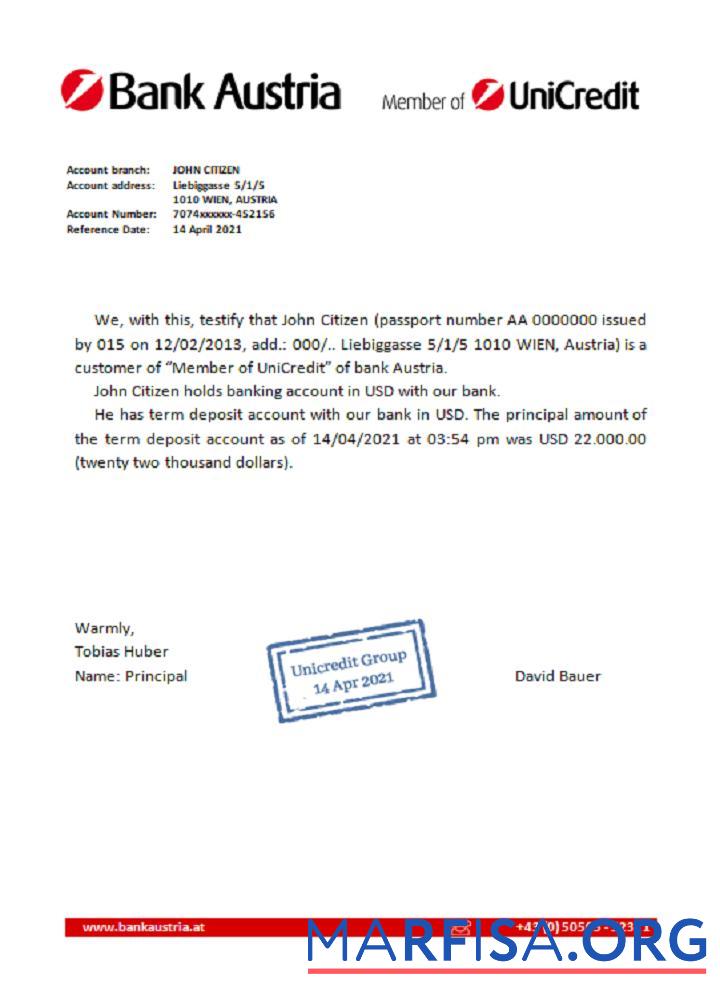 Printable Austria Bank Austria reference download for verification